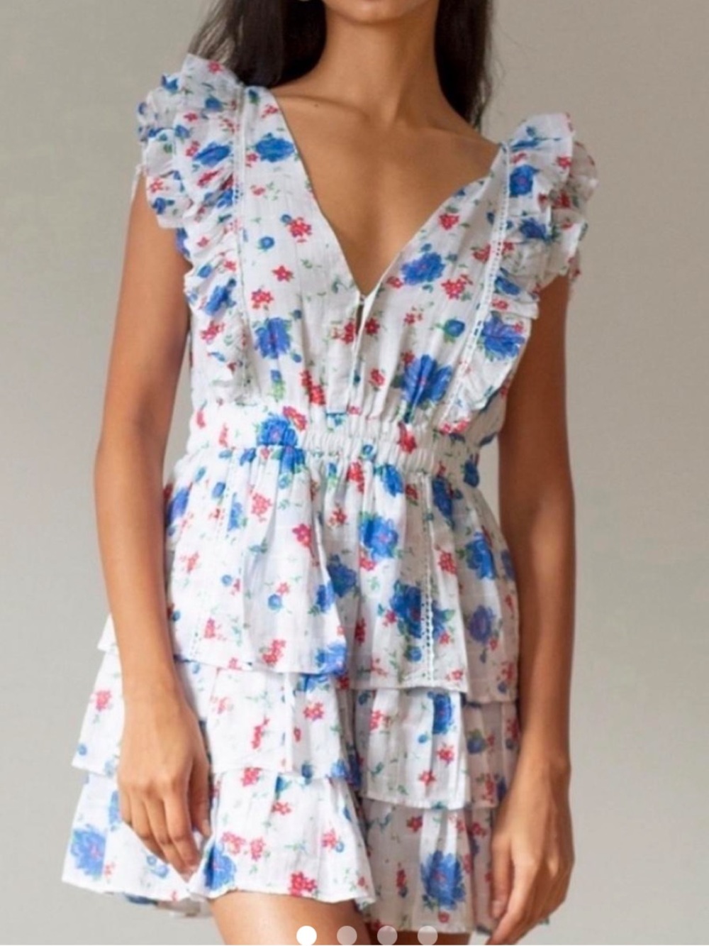 LoveShackFancy White Mini Dress with Blue and Red Floral Print